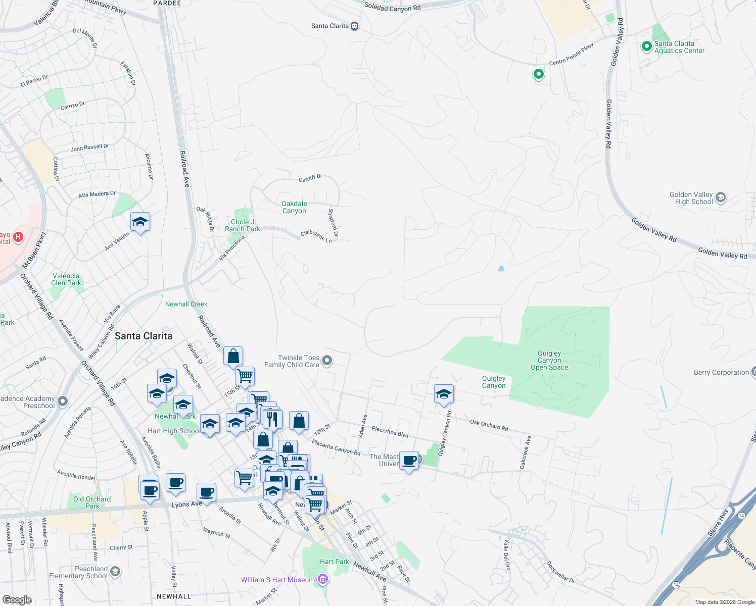 map of restaurants, bars, coffee shops, grocery stores, and more near 25123 Barnhill Road in Santa Clarita