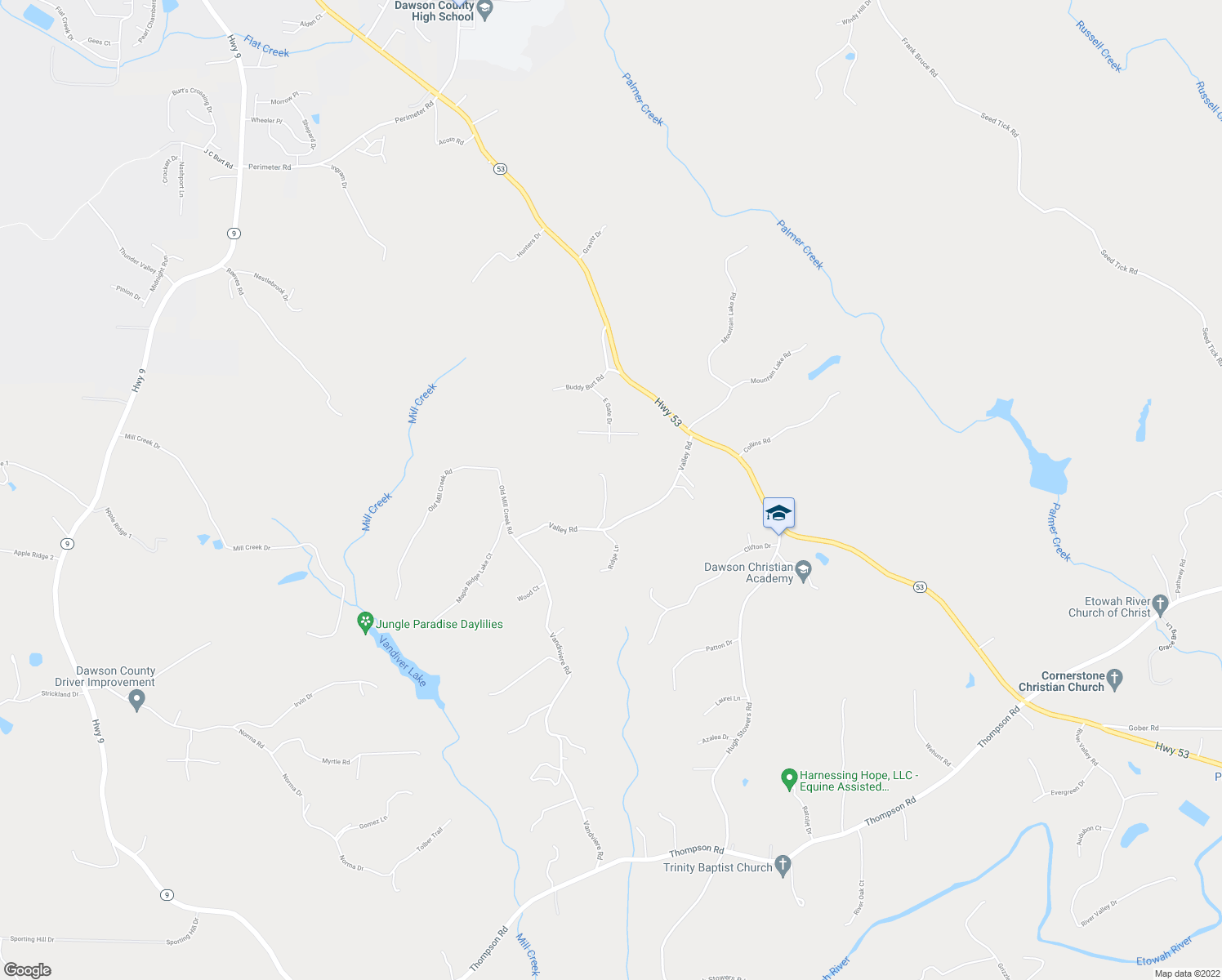 map of restaurants, bars, coffee shops, grocery stores, and more near 432 Valley Road in Dawsonville