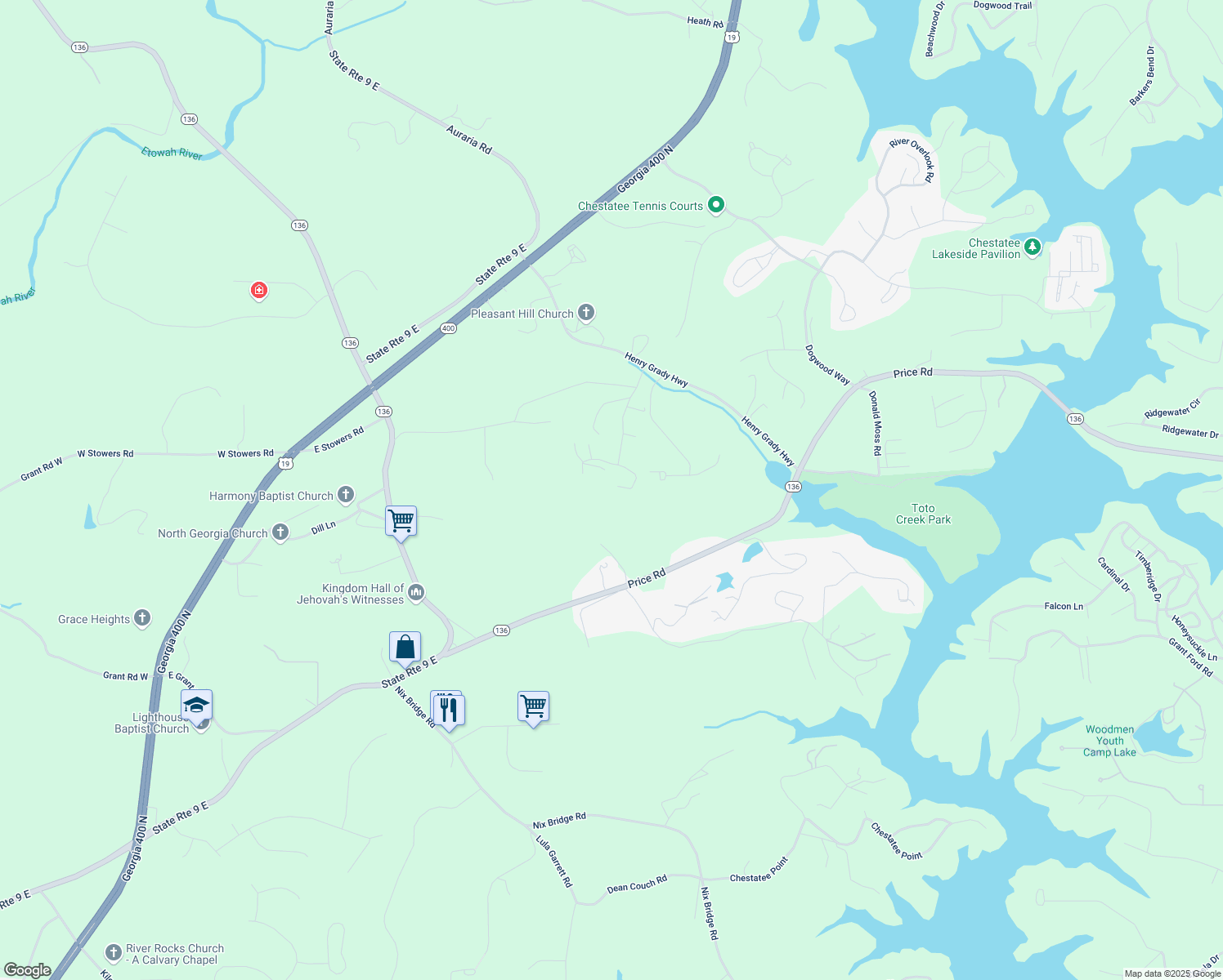 map of restaurants, bars, coffee shops, grocery stores, and more near 173 Mountain Side Drive East in Dawsonville
