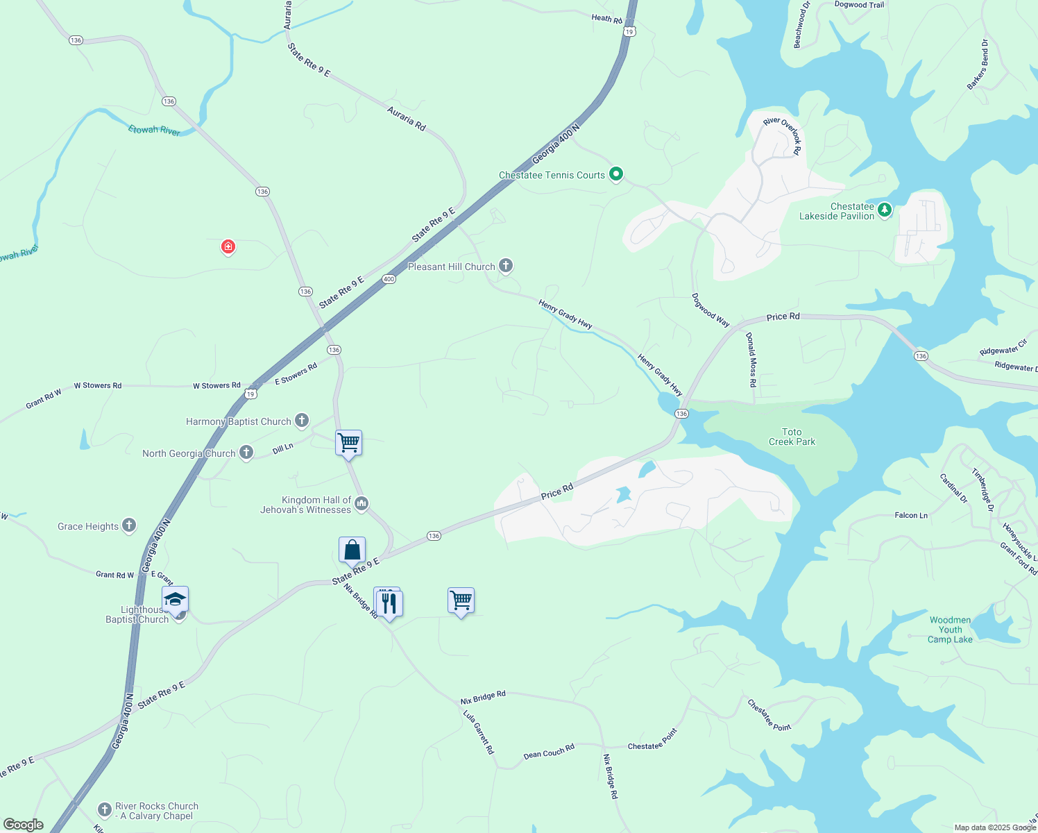 map of restaurants, bars, coffee shops, grocery stores, and more near 173 Mountain Side Drive East in Dawsonville