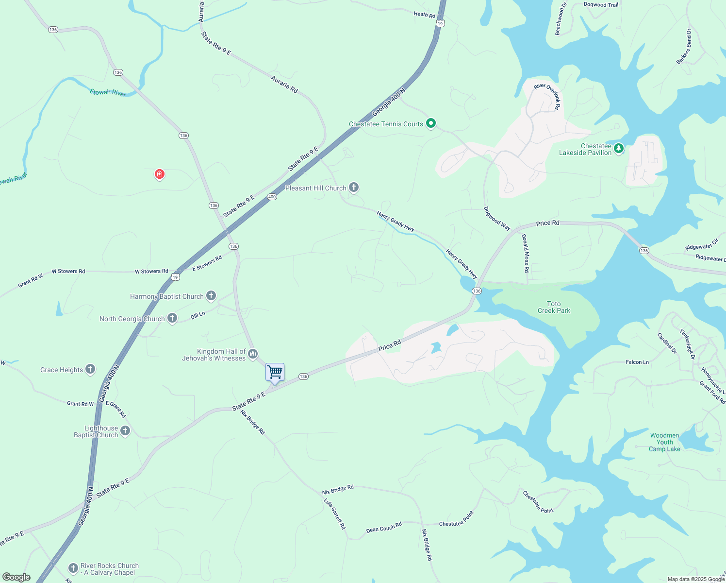 map of restaurants, bars, coffee shops, grocery stores, and more near 173 Mountain Side Drive East in Dawsonville