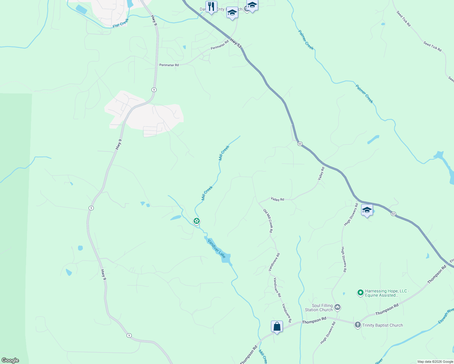 map of restaurants, bars, coffee shops, grocery stores, and more near 394 Old Mill Creek Road in Dawsonville