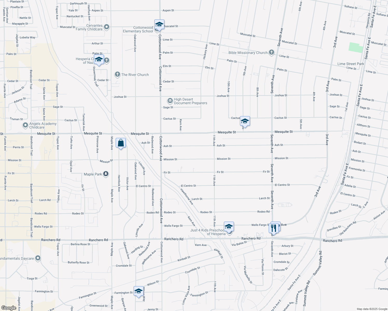 map of restaurants, bars, coffee shops, grocery stores, and more near 15146 Mission Street in Hesperia