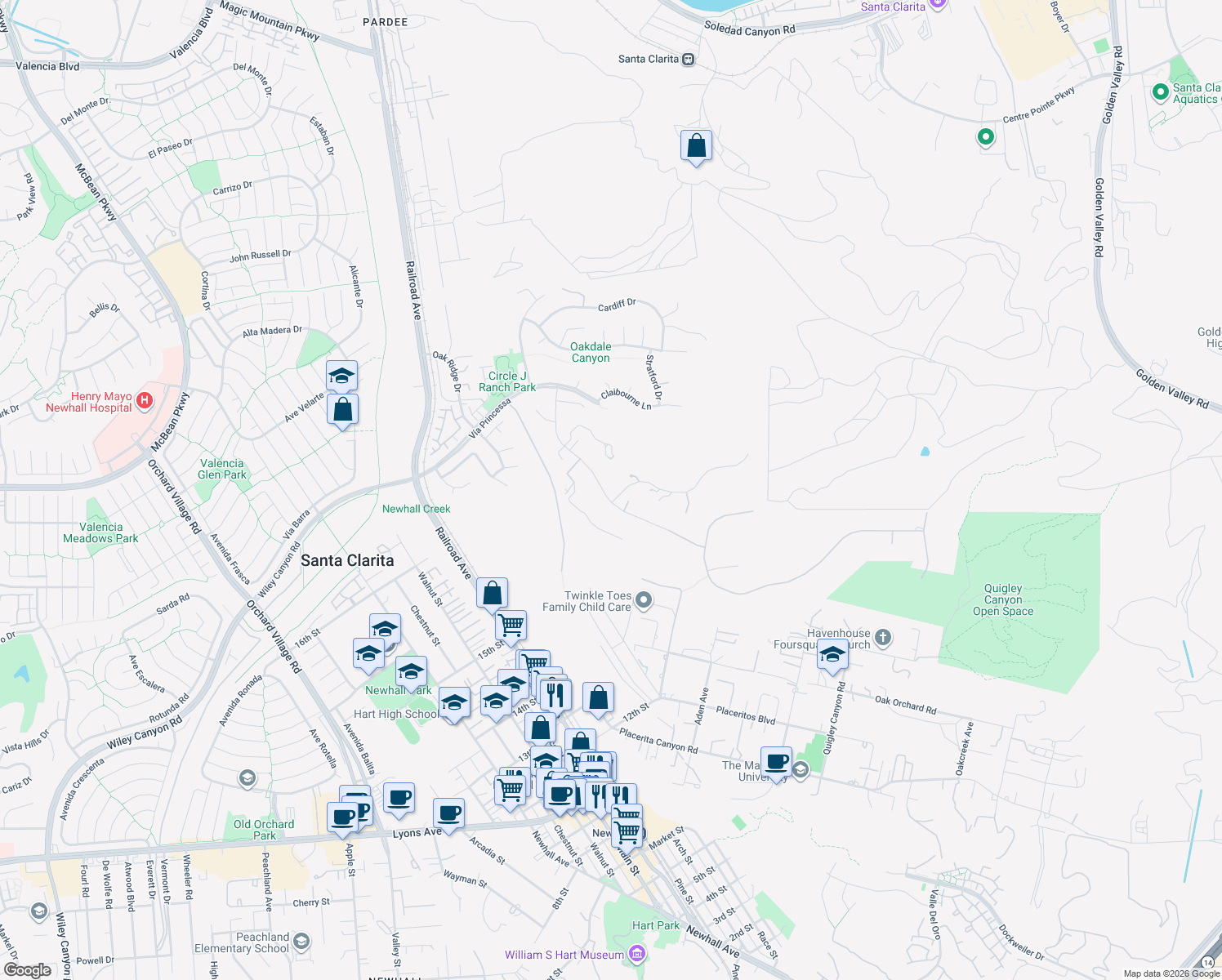 map of restaurants, bars, coffee shops, grocery stores, and more near 22239 Rolling Ridge Drive in Santa Clarita