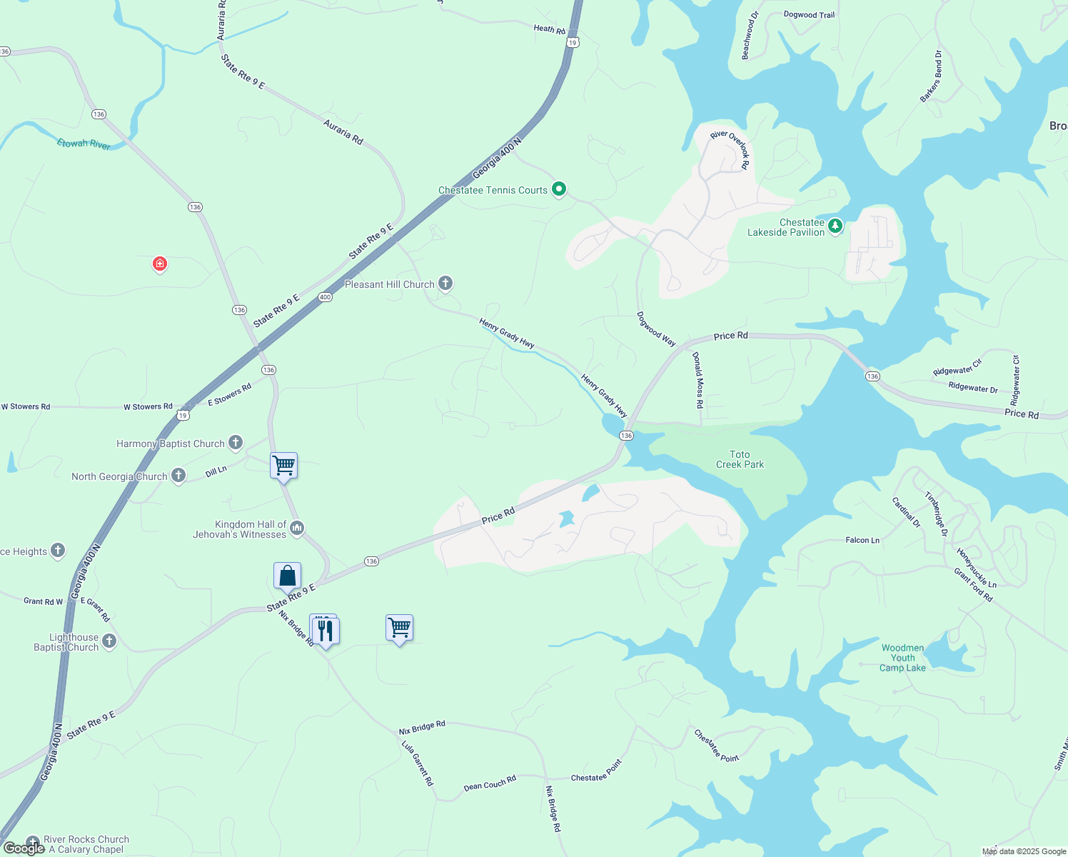 map of restaurants, bars, coffee shops, grocery stores, and more near 5 Gresham Court in Dawsonville