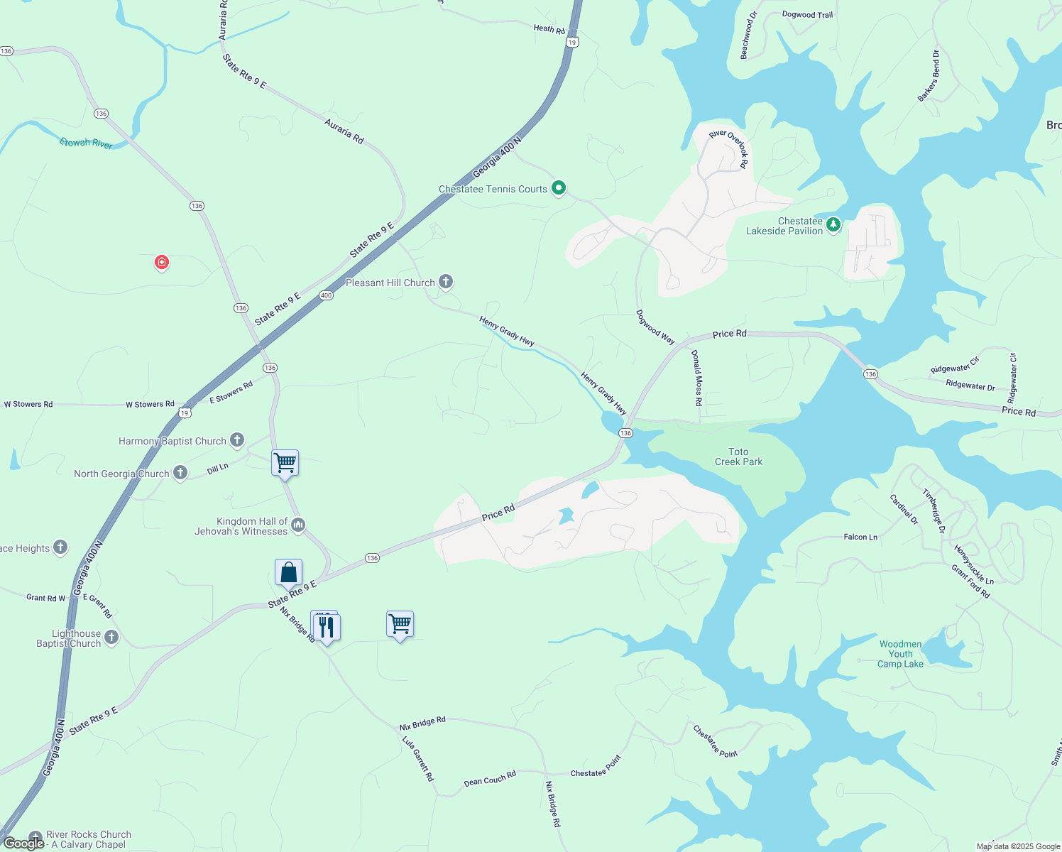 map of restaurants, bars, coffee shops, grocery stores, and more near 15 Gresham Court in Dawsonville