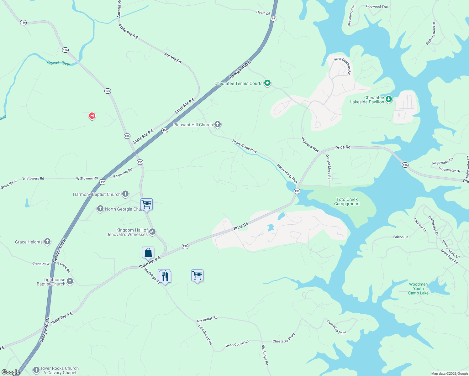 map of restaurants, bars, coffee shops, grocery stores, and more near 64 East Mountainside Drive in Dawsonville