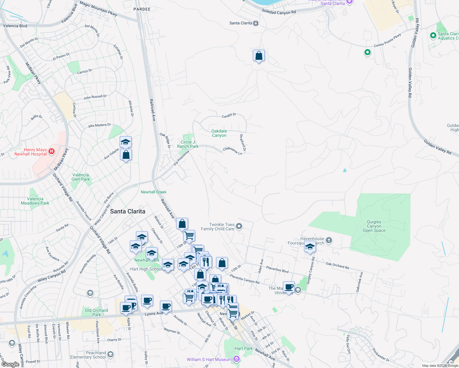 map of restaurants, bars, coffee shops, grocery stores, and more near 22239 Rolling Ridge Drive in Santa Clarita