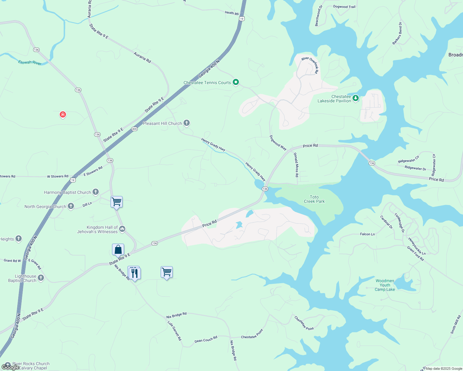 map of restaurants, bars, coffee shops, grocery stores, and more near 42 Mayfair Street in Dawsonville