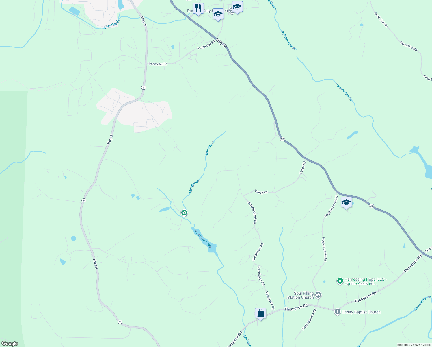map of restaurants, bars, coffee shops, grocery stores, and more near 394 Old Mill Creek Road in Dawsonville