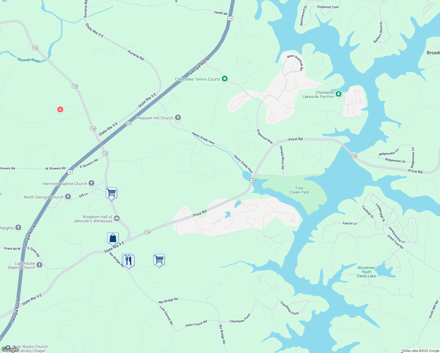 map of restaurants, bars, coffee shops, grocery stores, and more near 42 Mayfair Street in Dawsonville