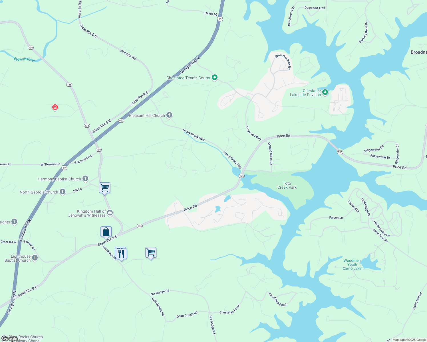 map of restaurants, bars, coffee shops, grocery stores, and more near 70 Mayfair Street in Dawsonville