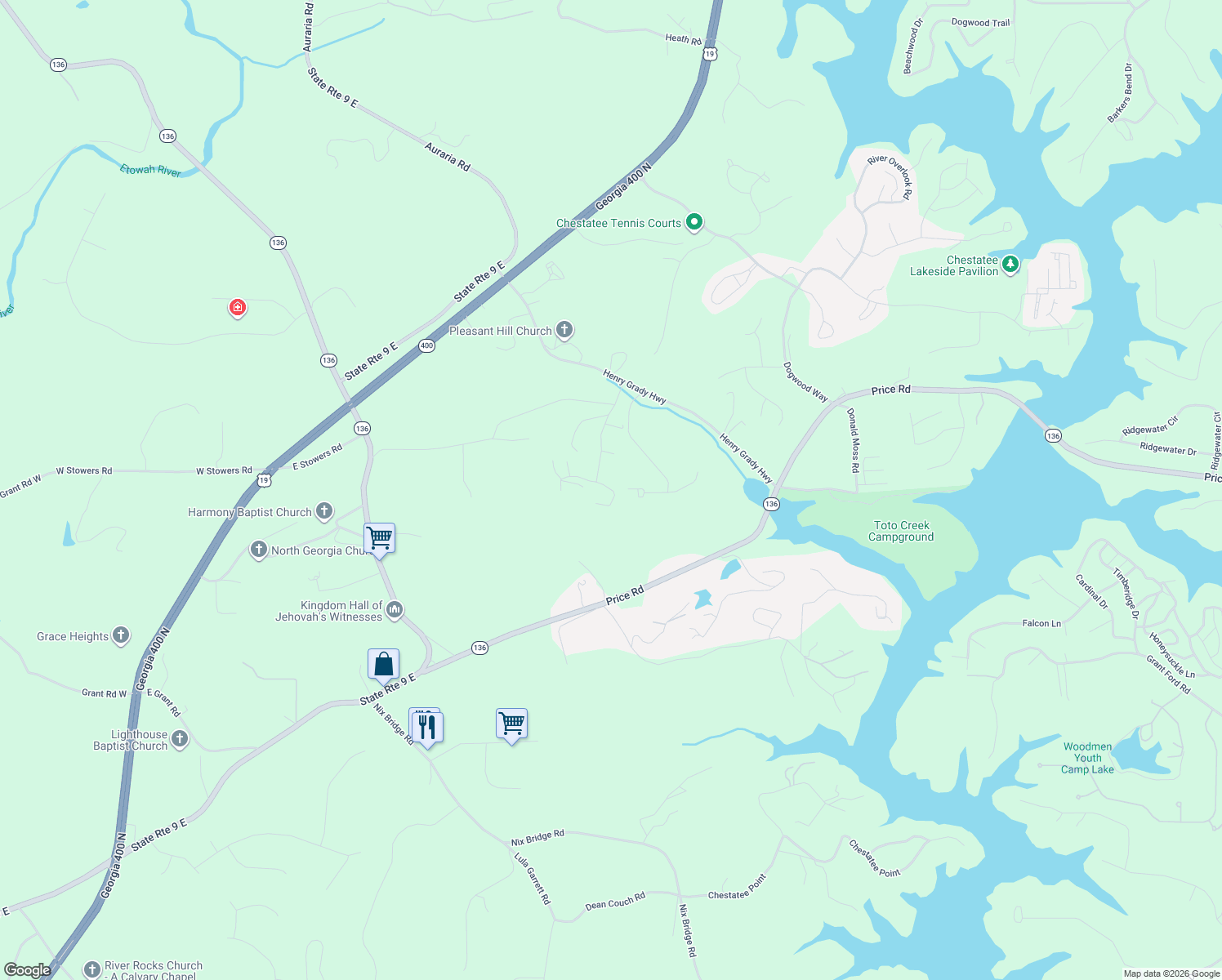 map of restaurants, bars, coffee shops, grocery stores, and more near 64 East Mountainside Drive in Dawsonville
