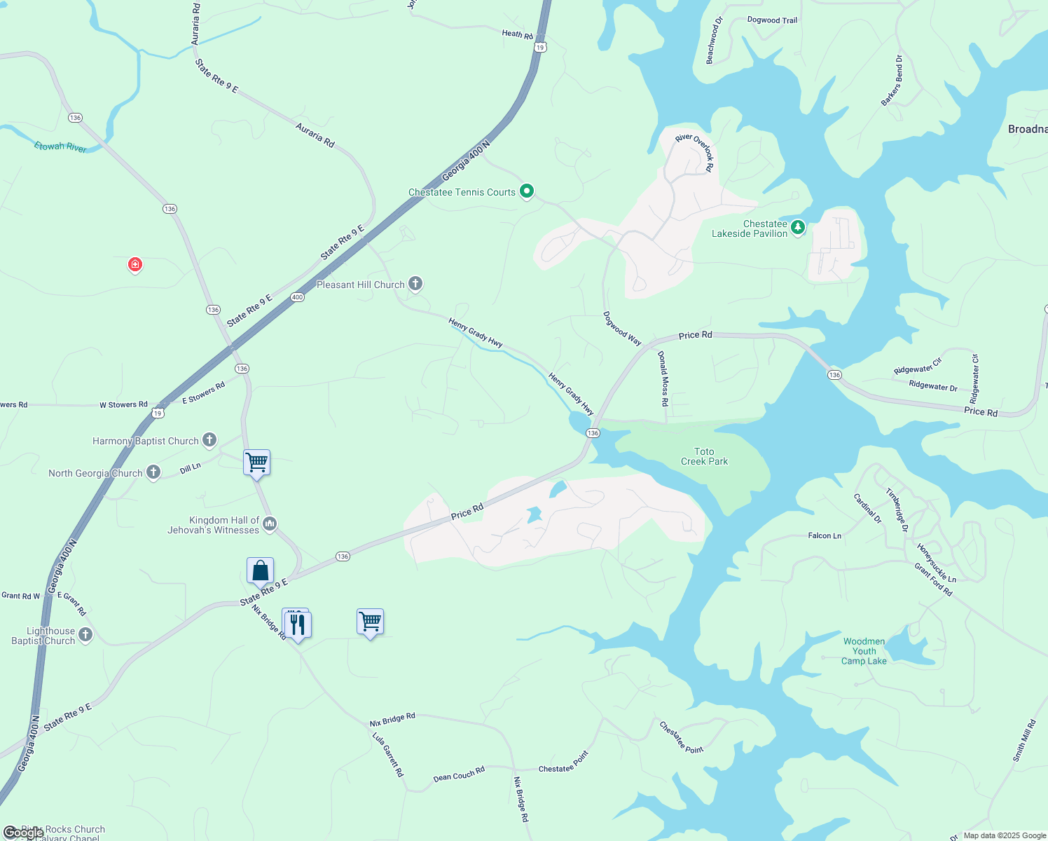 map of restaurants, bars, coffee shops, grocery stores, and more near 70 Mayfair Street in Dawsonville