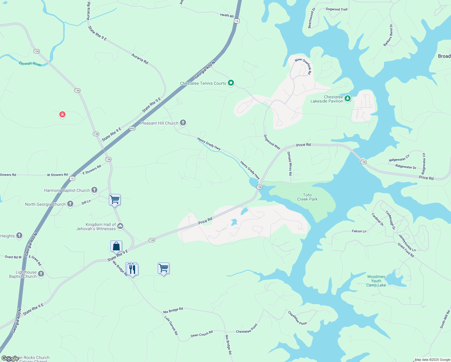 map of restaurants, bars, coffee shops, grocery stores, and more near 43 Mayfair Street in Dawsonville