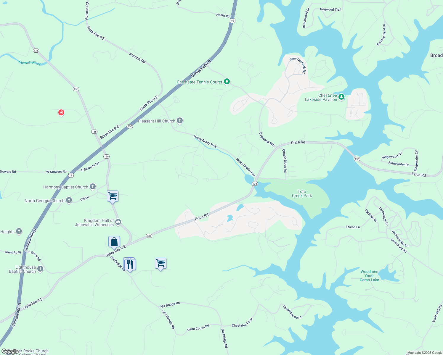 map of restaurants, bars, coffee shops, grocery stores, and more near 43 Mayfair Street in Dawsonville