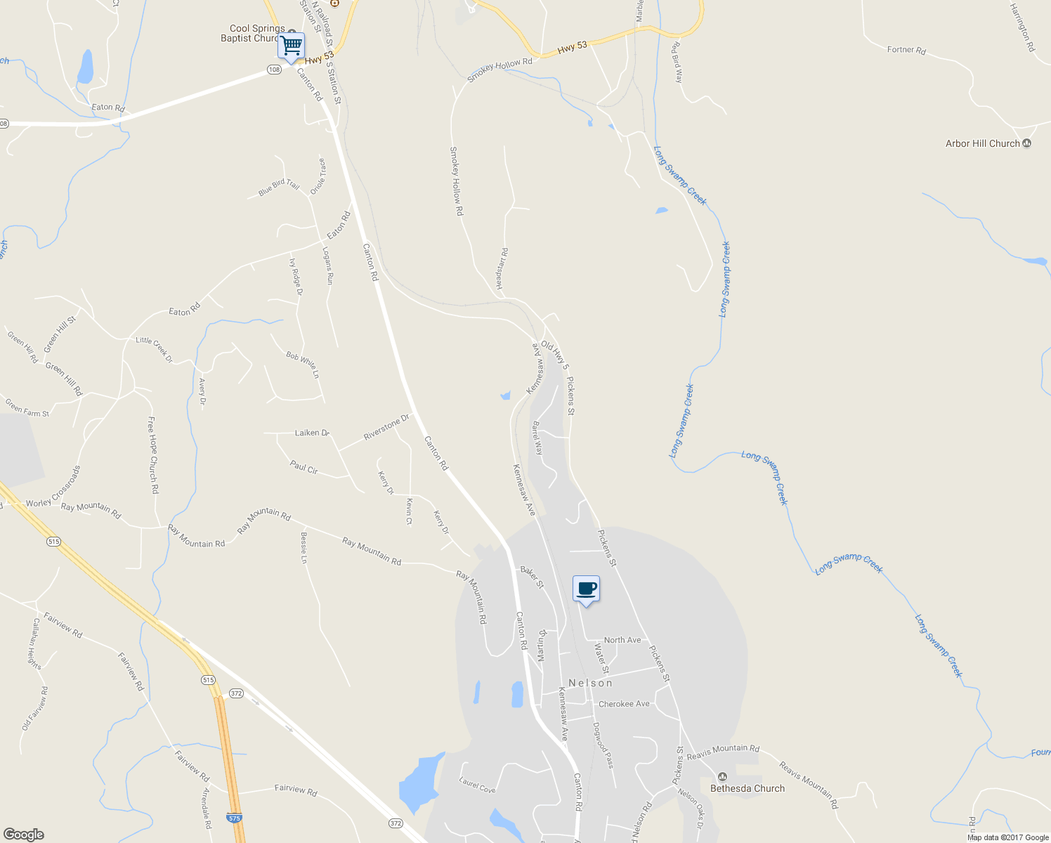 map of restaurants, bars, coffee shops, grocery stores, and more near 170 Barrel Way in Ball Ground