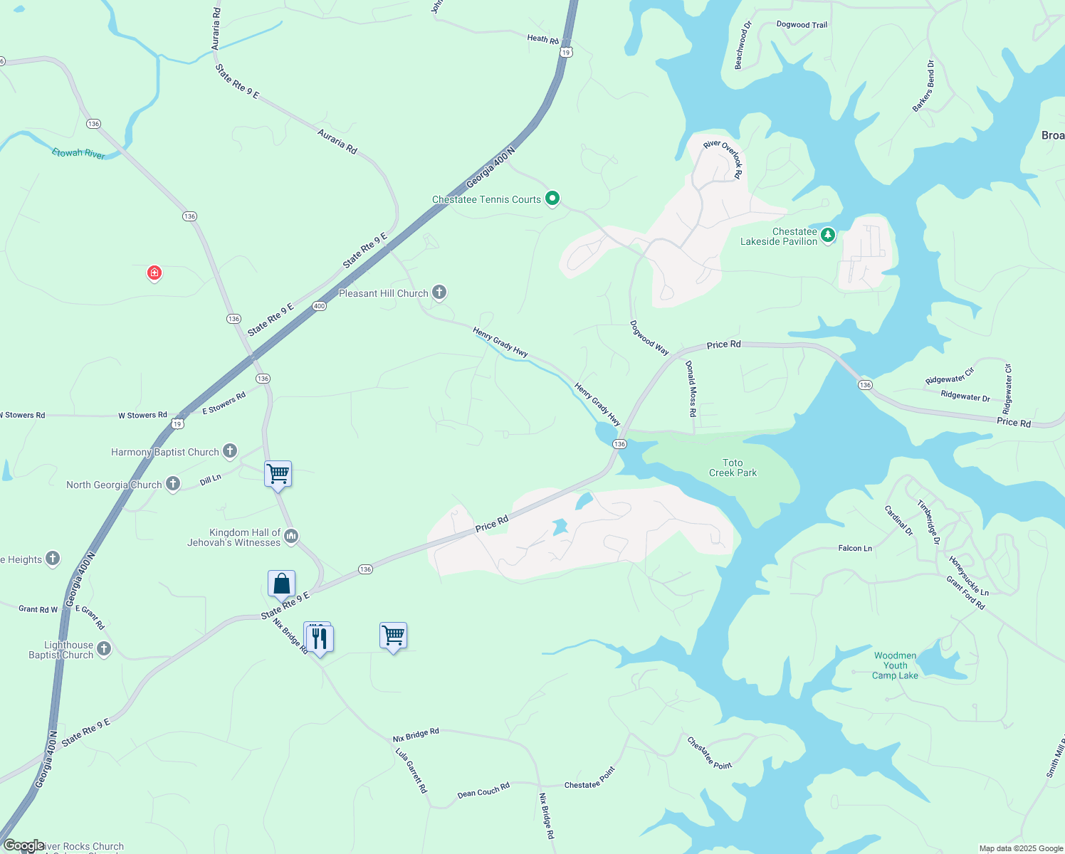 map of restaurants, bars, coffee shops, grocery stores, and more near 88 Mayfair Street in Dawsonville