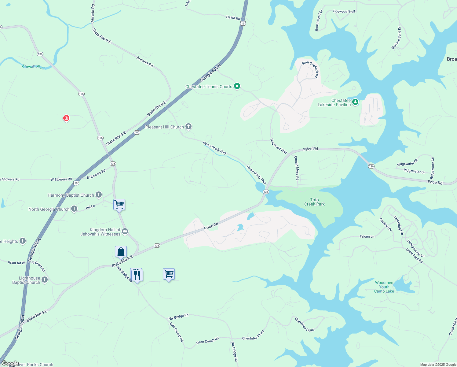 map of restaurants, bars, coffee shops, grocery stores, and more near 53 Mayfair Street in Dawsonville