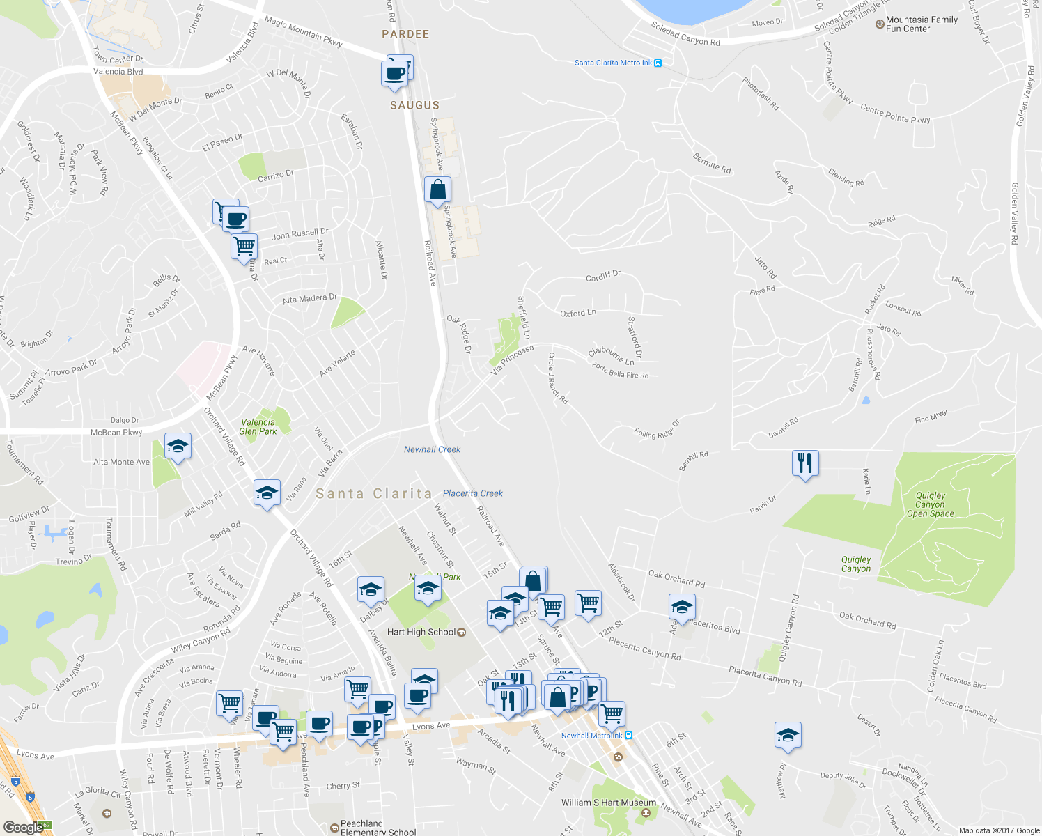 map of restaurants, bars, coffee shops, grocery stores, and more near 22600 White Wing Way in Santa Clarita