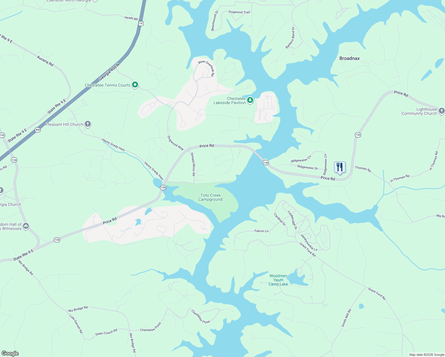 map of restaurants, bars, coffee shops, grocery stores, and more near 287 Moss Overlook in Dawsonville