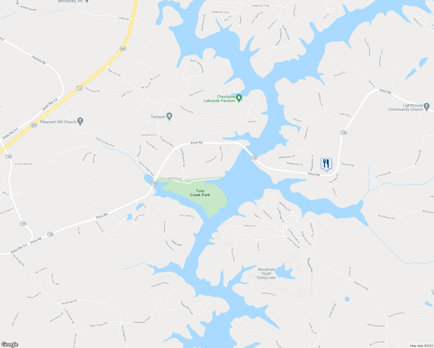 map of restaurants, bars, coffee shops, grocery stores, and more near 245 Moss Overlook in Dawsonville
