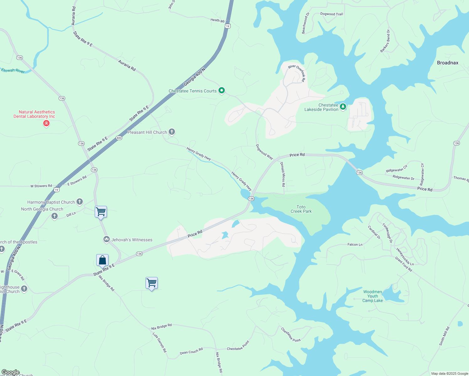 map of restaurants, bars, coffee shops, grocery stores, and more near 587 Henry Grady Highway in Dawsonville