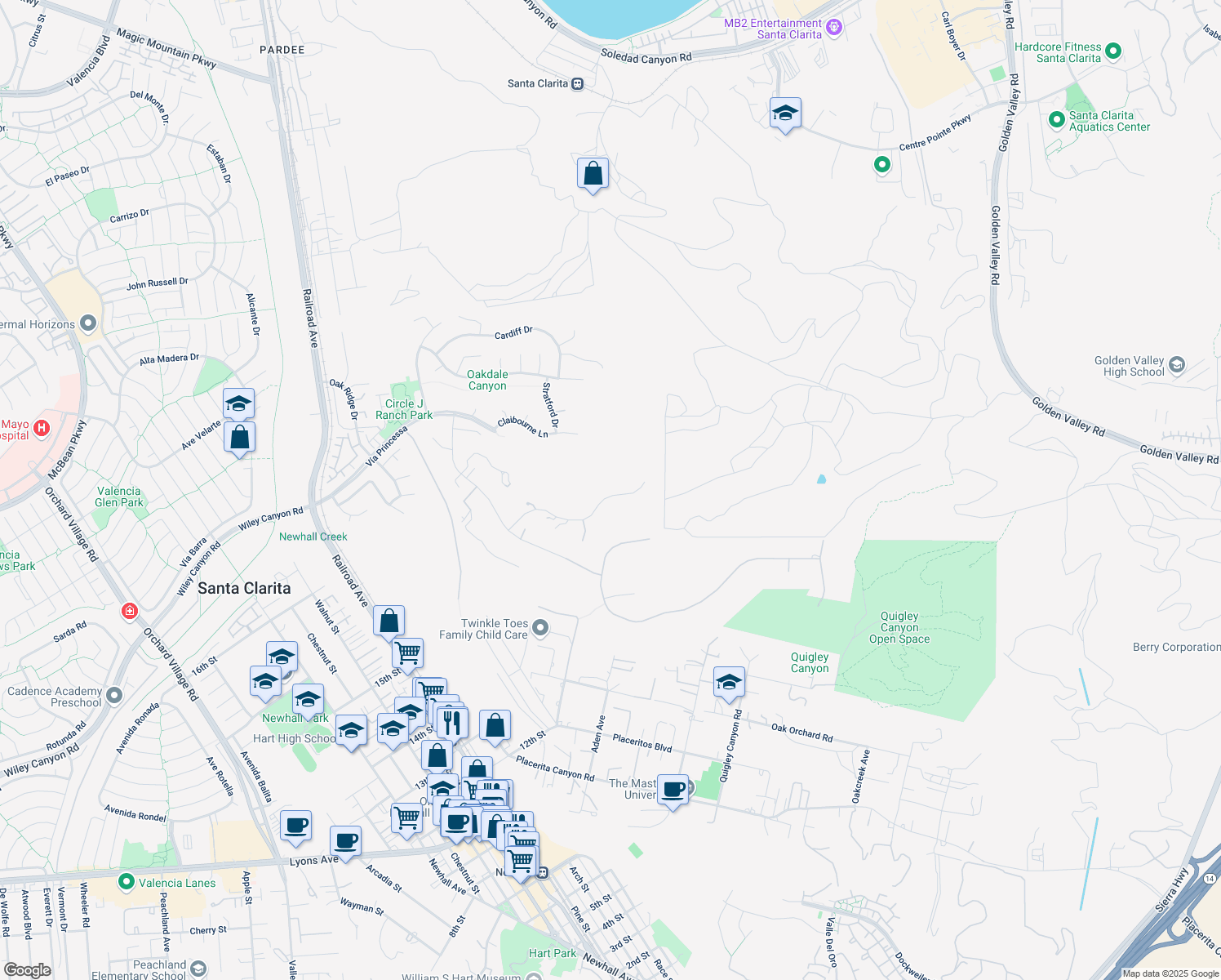 map of restaurants, bars, coffee shops, grocery stores, and more near 22065 Rolling Ridge Drive in Santa Clarita