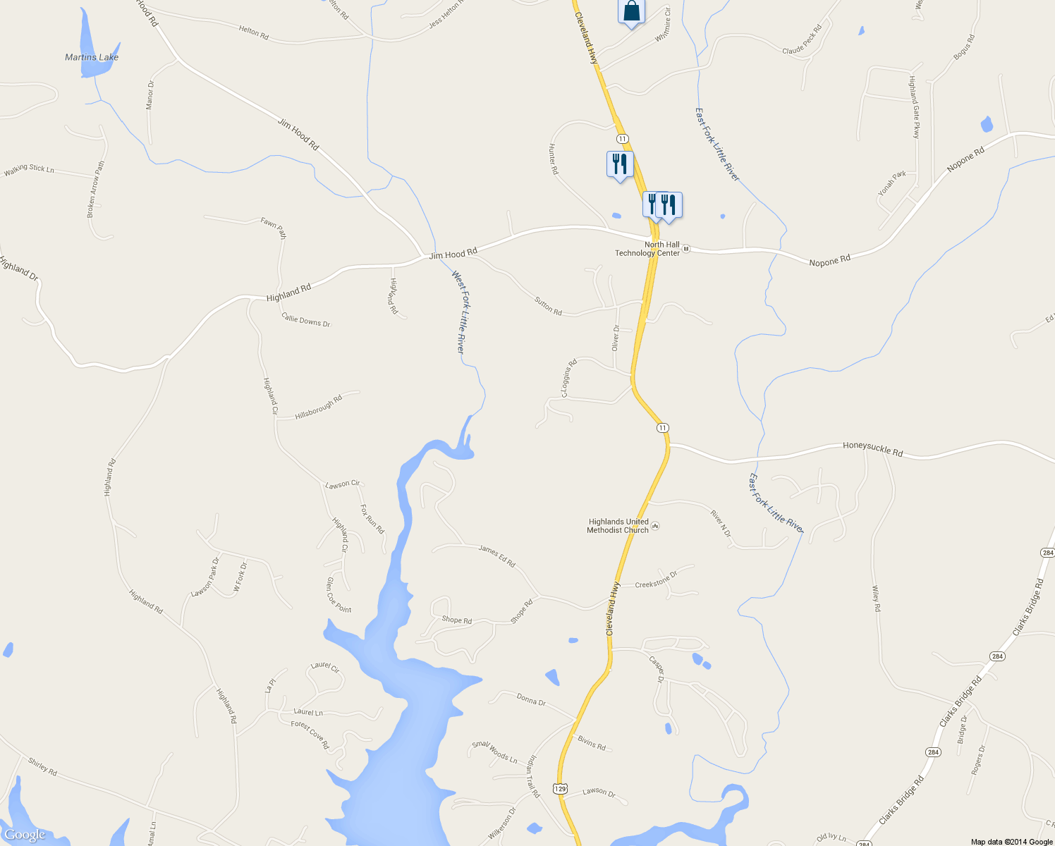 map of restaurants, bars, coffee shops, grocery stores, and more near 3967 C Loggins Road in Gainesville