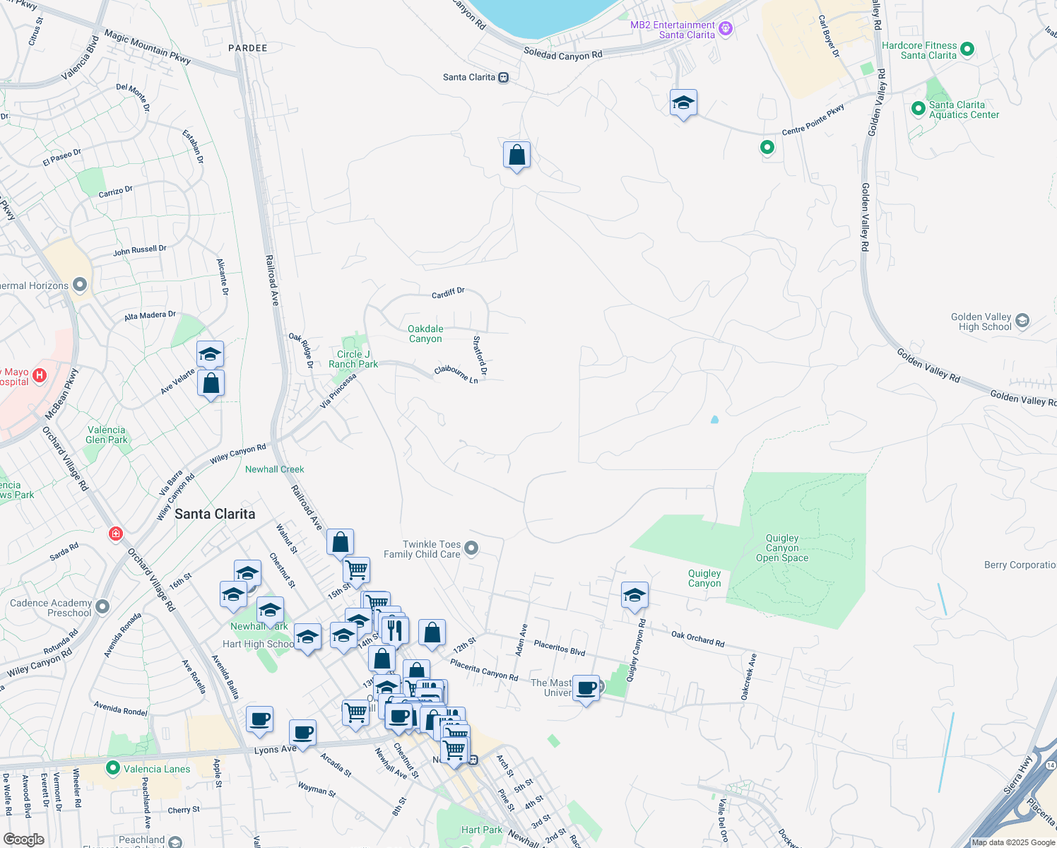map of restaurants, bars, coffee shops, grocery stores, and more near 22065 Rolling Ridge Drive in Santa Clarita