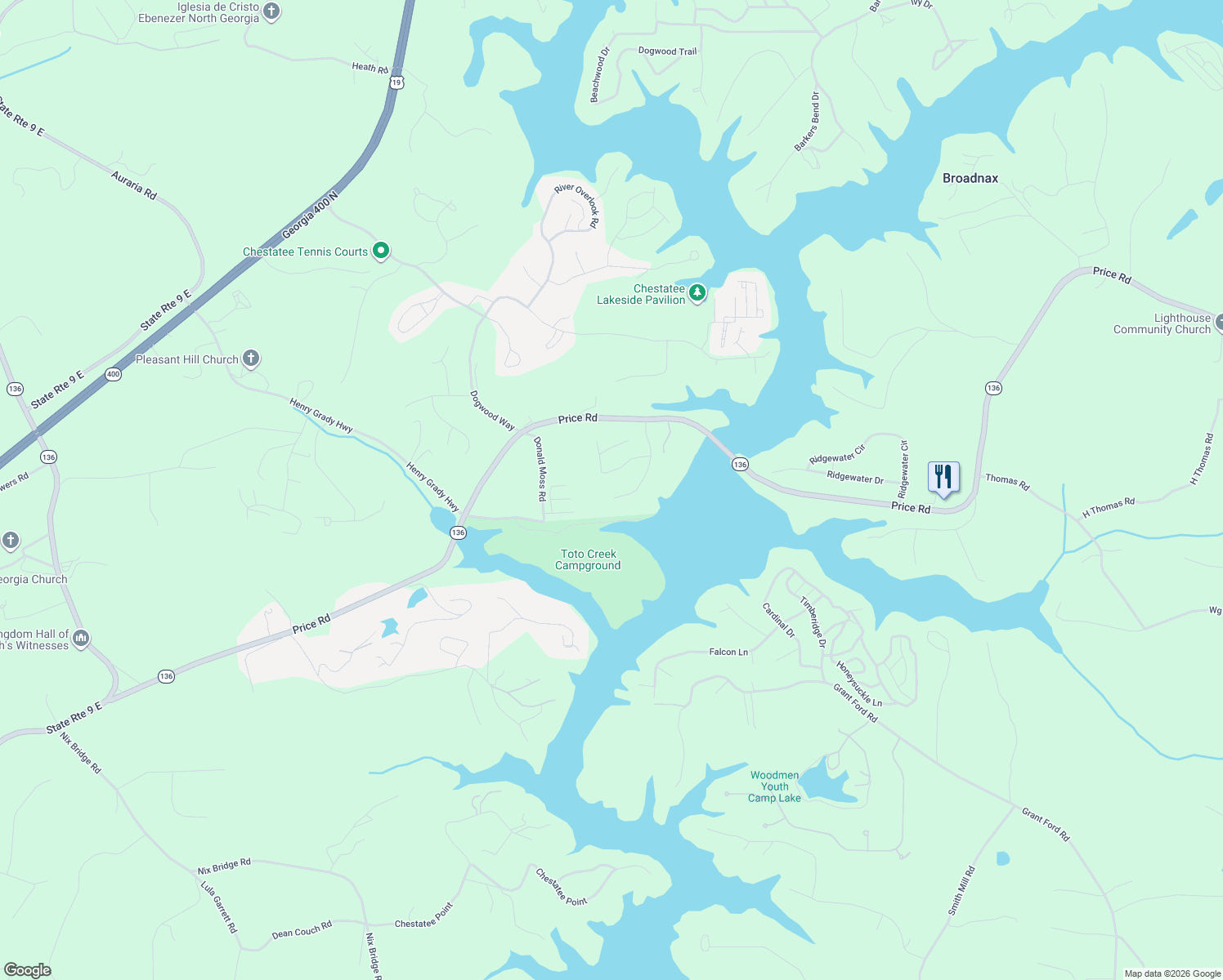 map of restaurants, bars, coffee shops, grocery stores, and more near 287 Moss Overlook in Dawsonville