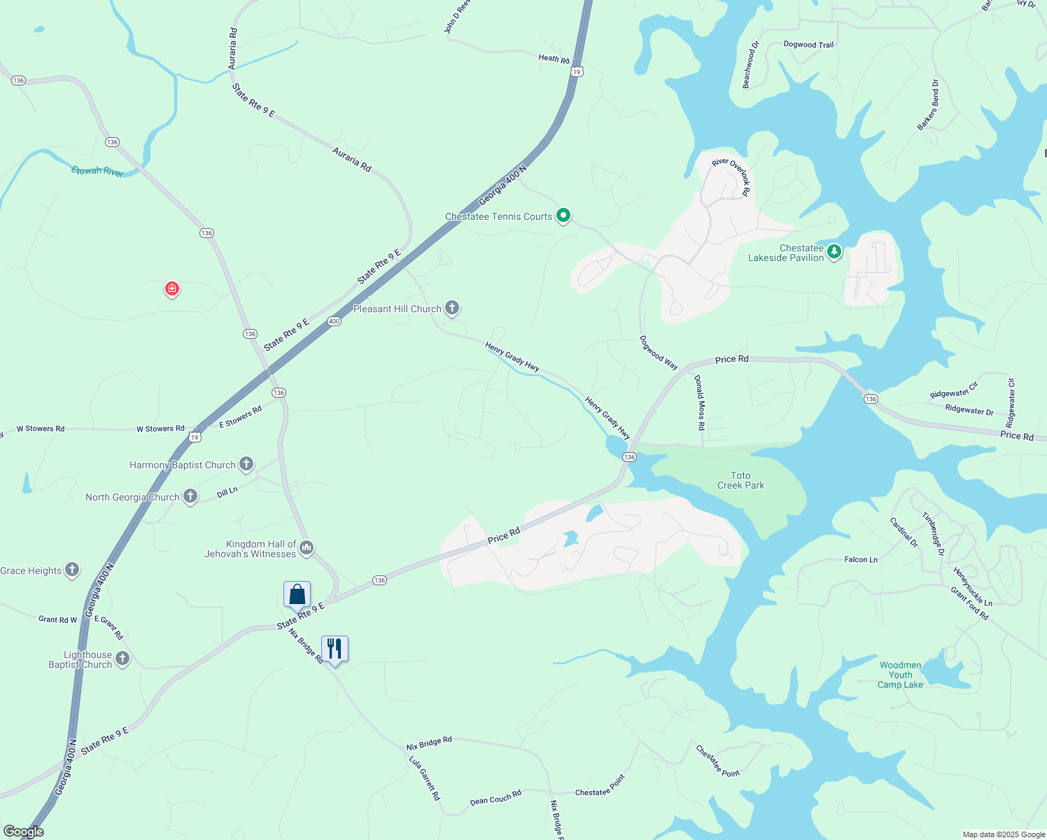 map of restaurants, bars, coffee shops, grocery stores, and more near 38 Chestnut Trail in Dawsonville