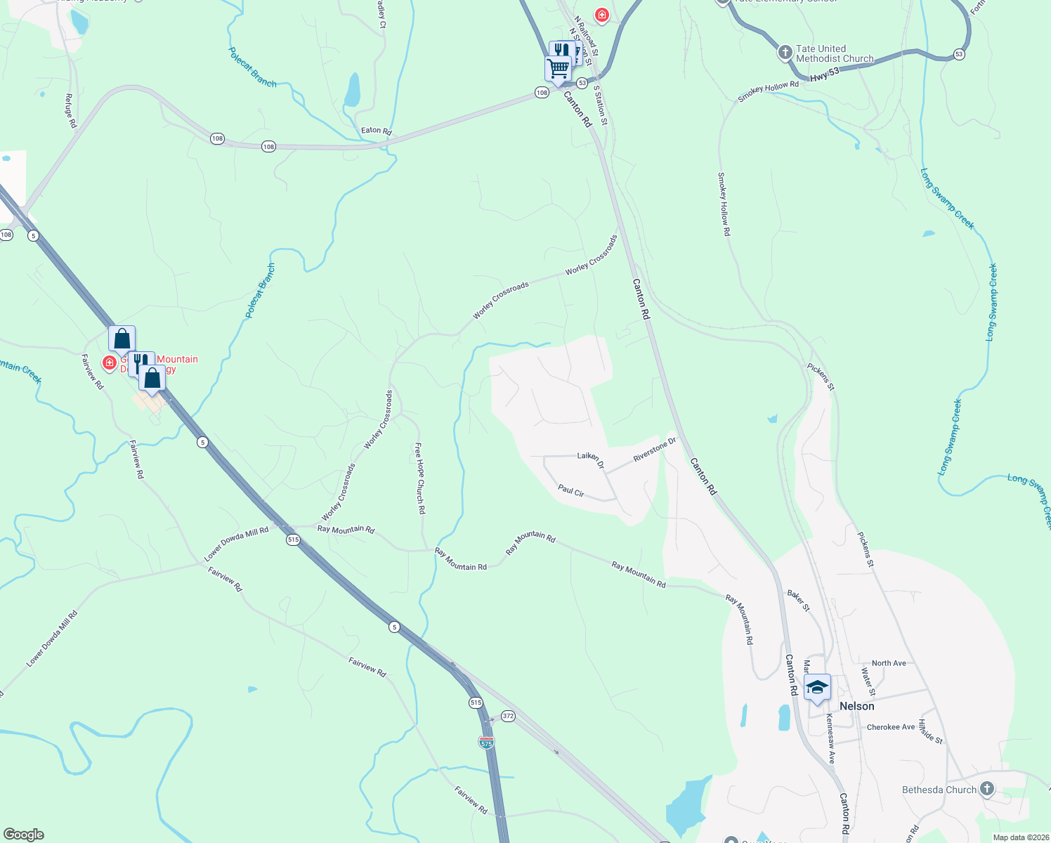 map of restaurants, bars, coffee shops, grocery stores, and more near 38 Stoney Lane in Jasper