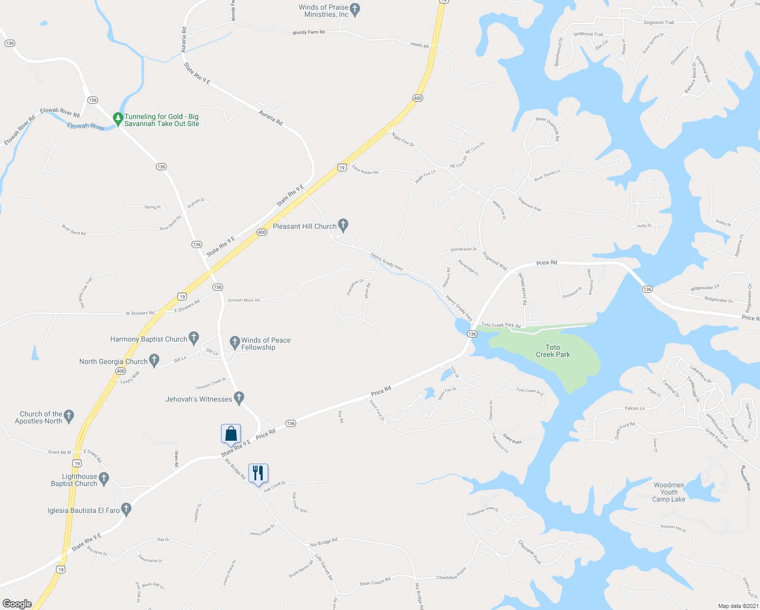 map of restaurants, bars, coffee shops, grocery stores, and more near 38 Chestnut Trail in Dawsonville