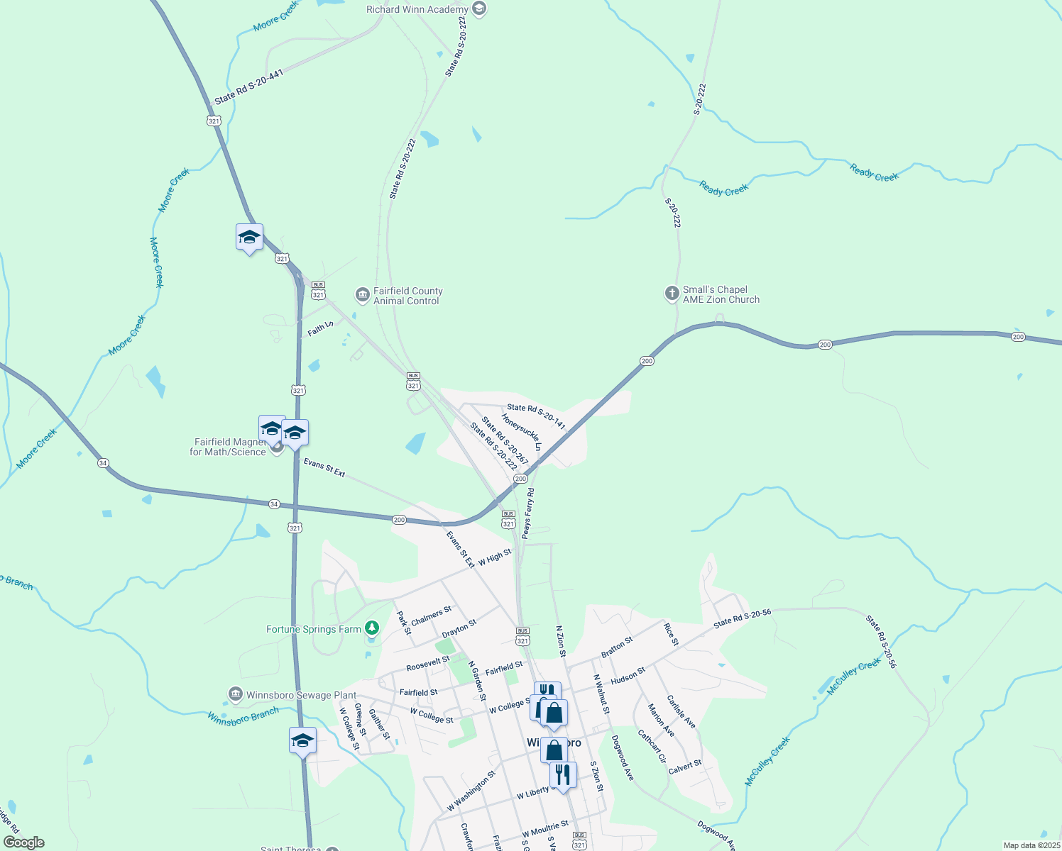 map of restaurants, bars, coffee shops, grocery stores, and more near 70 Honeysuckle Ln in Winnsboro