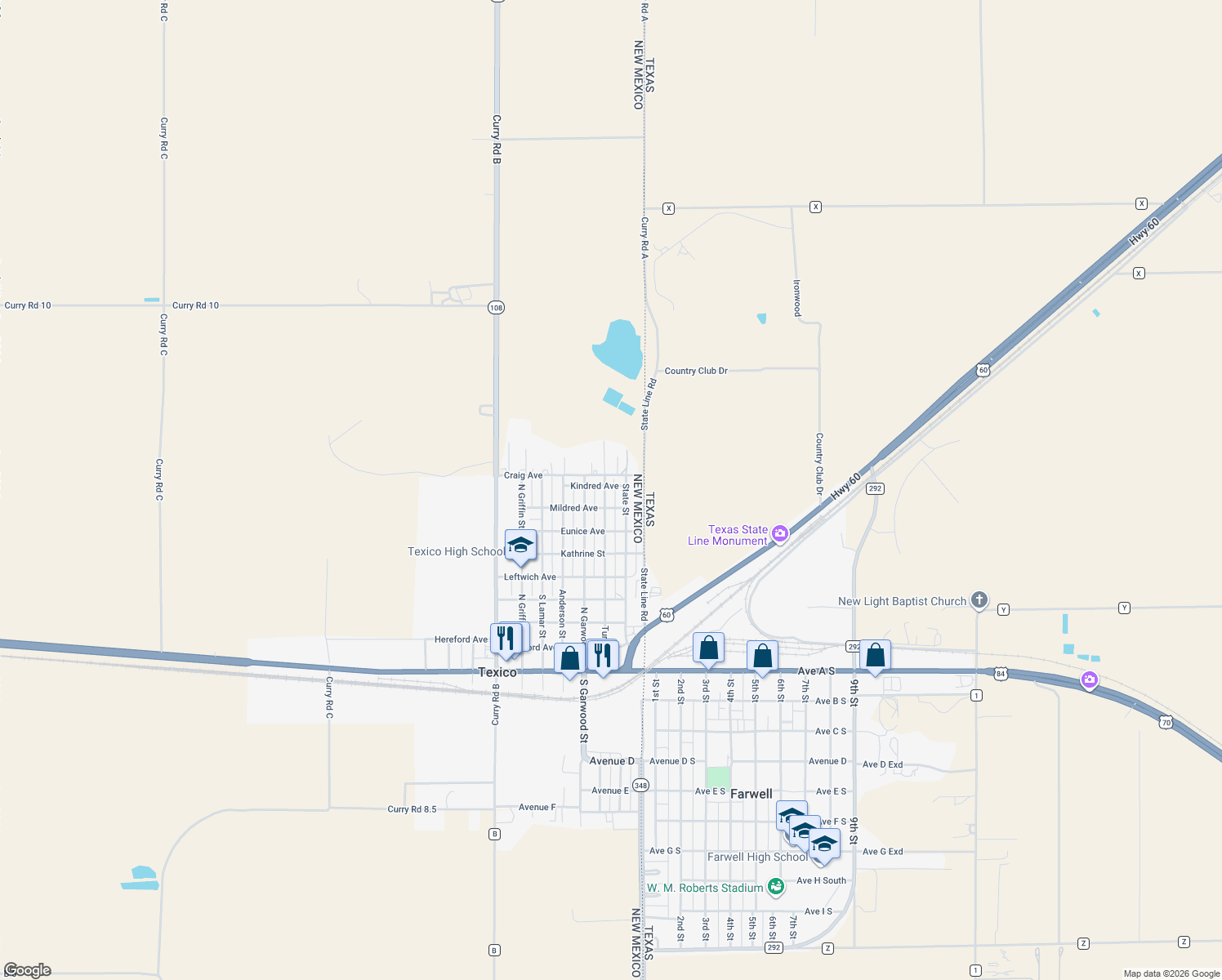 map of restaurants, bars, coffee shops, grocery stores, and more near 821 Turner in Texico