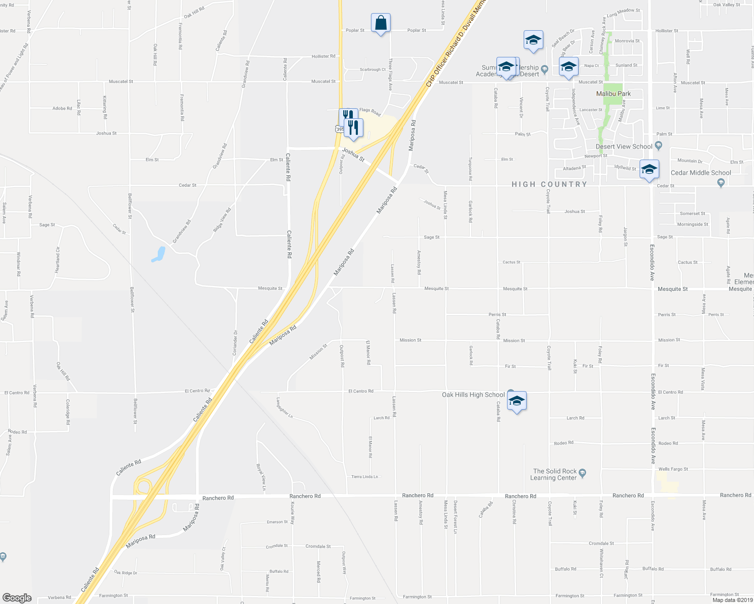 map of restaurants, bars, coffee shops, grocery stores, and more near 12255 Mesquite Street in Oak Hills