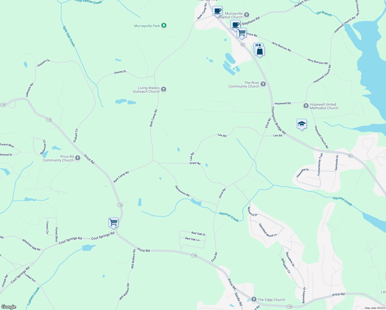 map of restaurants, bars, coffee shops, grocery stores, and more near 5113 Lee Road in Gainesville
