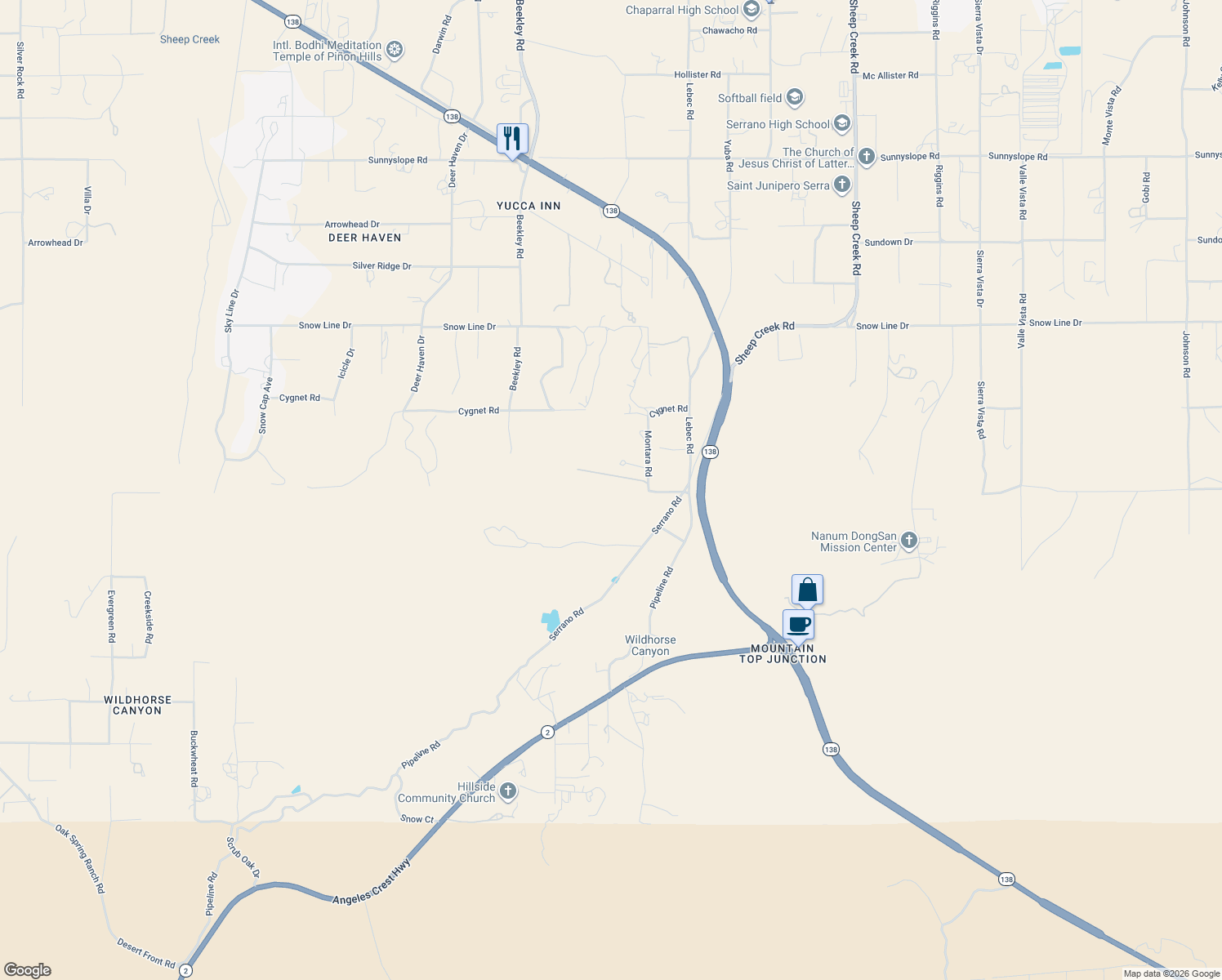 map of restaurants, bars, coffee shops, grocery stores, and more near 8940 Montara Road in Pinon Hills