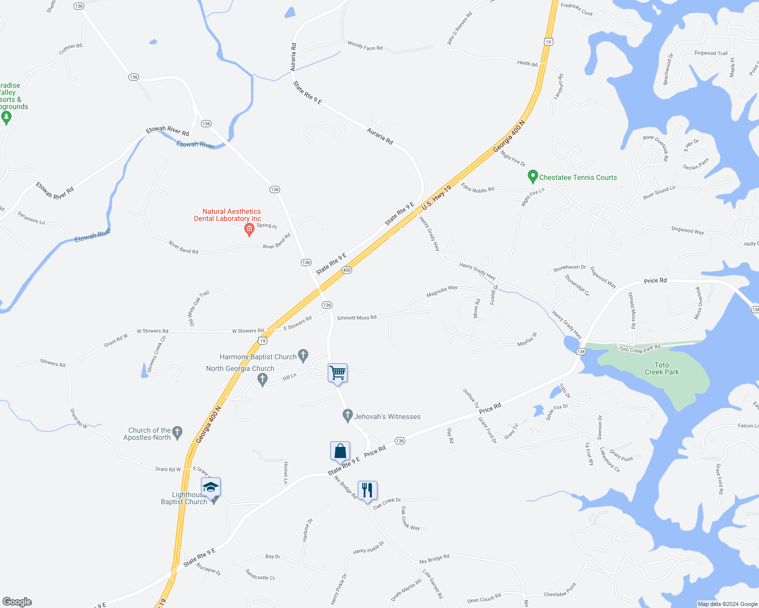 map of restaurants, bars, coffee shops, grocery stores, and more near 269 Emmett Moss Road in Dawsonville