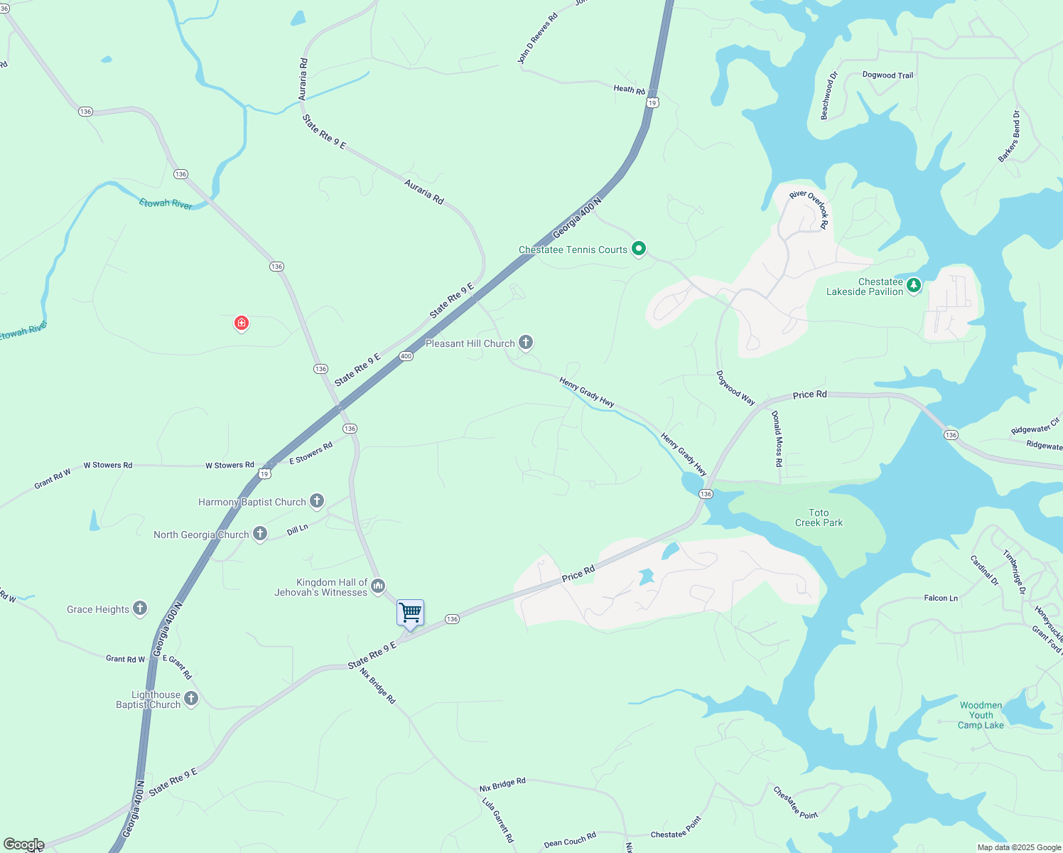 map of restaurants, bars, coffee shops, grocery stores, and more near 100 Plantation Drive in Dawsonville