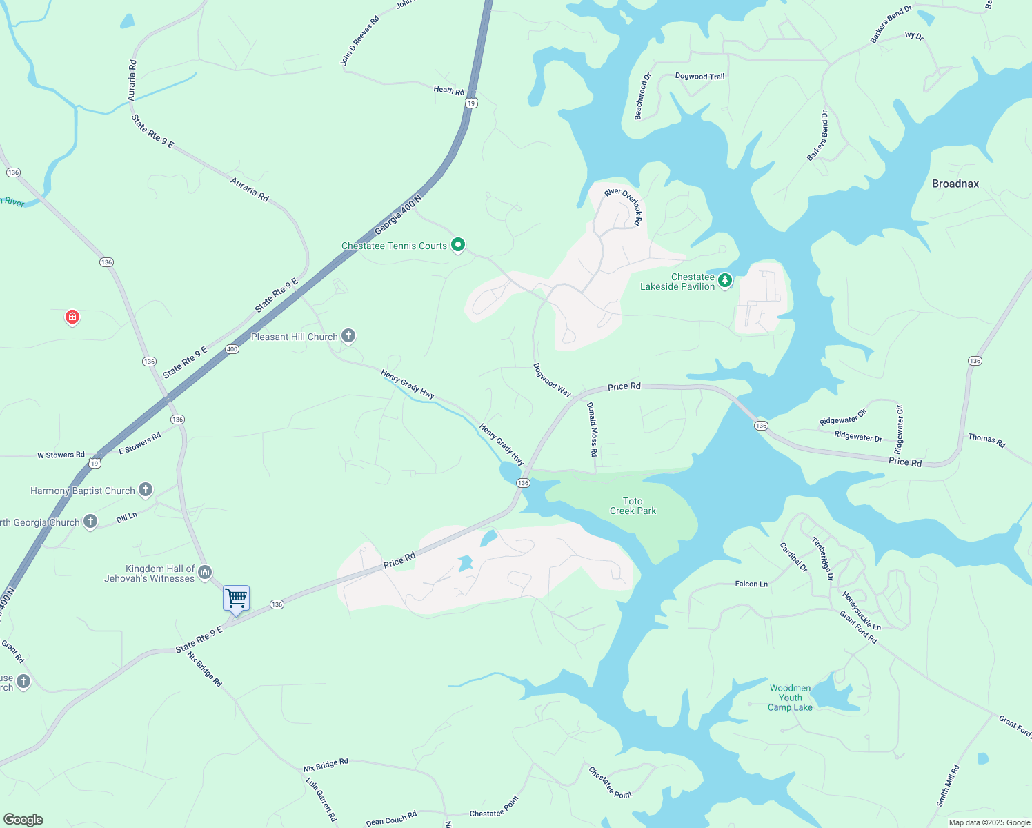map of restaurants, bars, coffee shops, grocery stores, and more near 67 Knollwood Court in Dawsonville