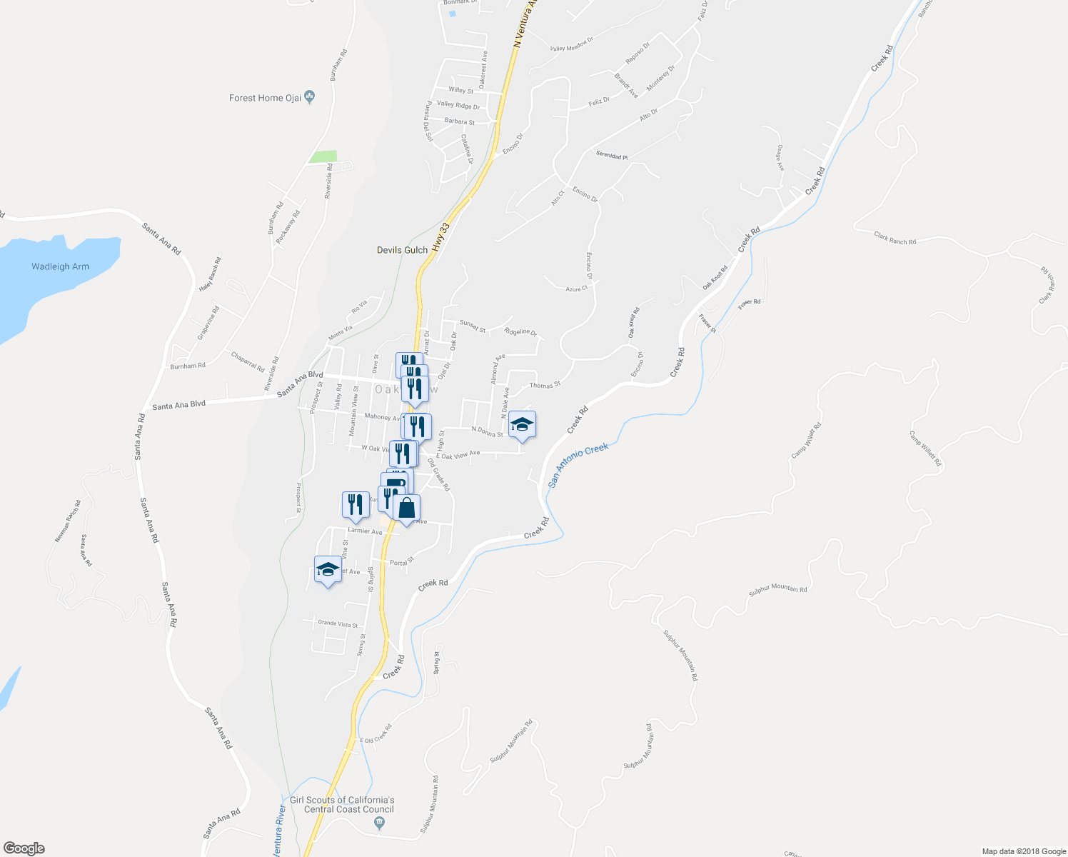 map of restaurants, bars, coffee shops, grocery stores, and more near 10450 North Karen Avenue in Oak View