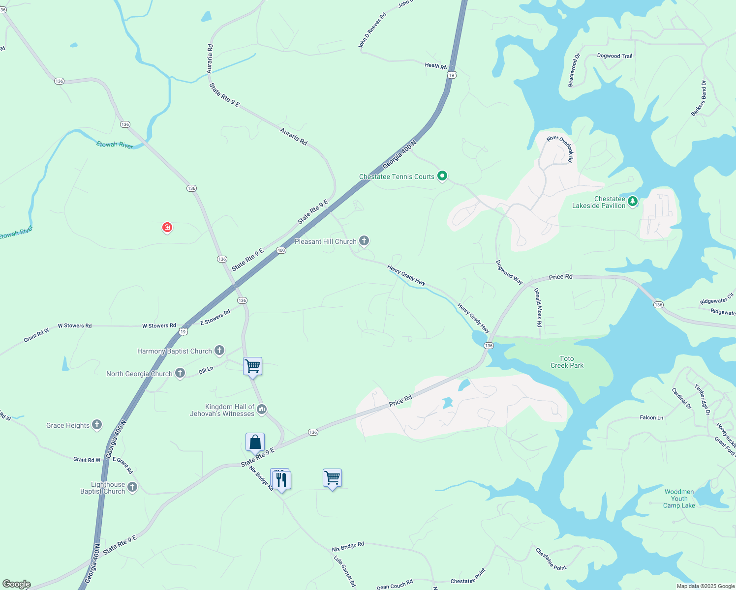 map of restaurants, bars, coffee shops, grocery stores, and more near 100 Plantation Drive in Dawsonville
