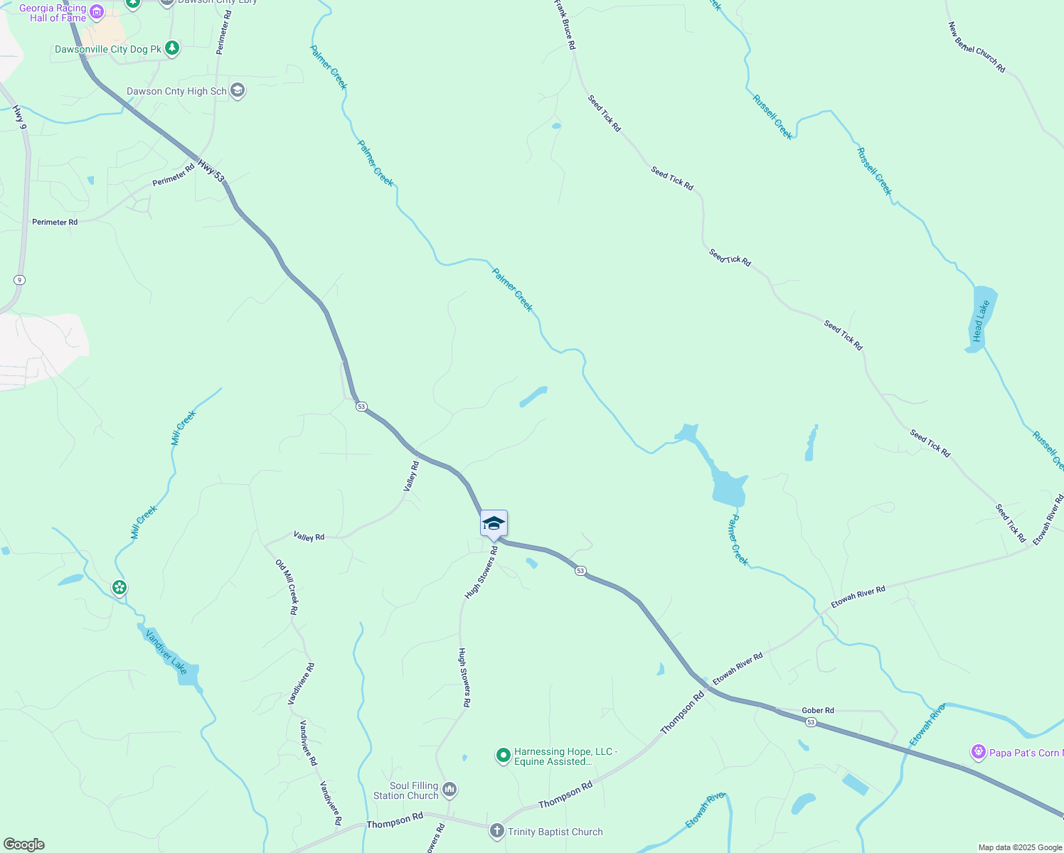 map of restaurants, bars, coffee shops, grocery stores, and more near 301 Collins Road in Dawsonville