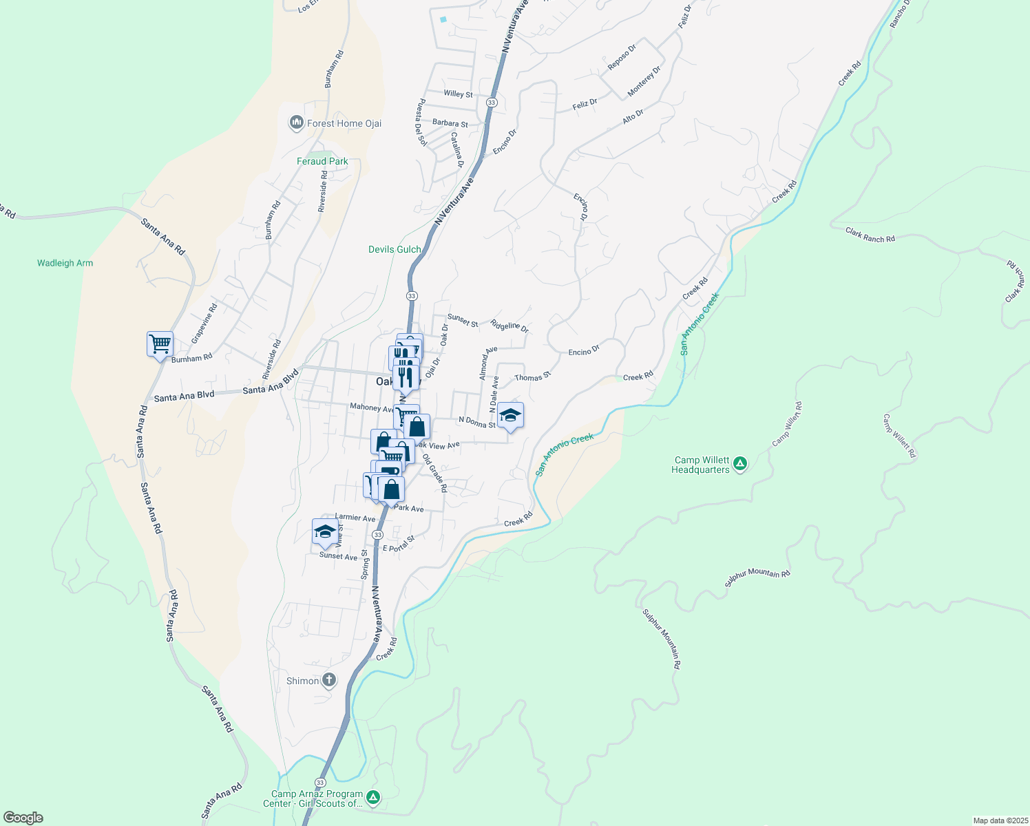 map of restaurants, bars, coffee shops, grocery stores, and more near 10465 North Karen Avenue in Oak View