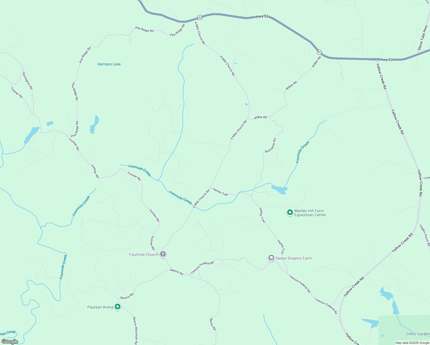map of restaurants, bars, coffee shops, grocery stores, and more near 1558 4 Mile Church Road in Ball Ground