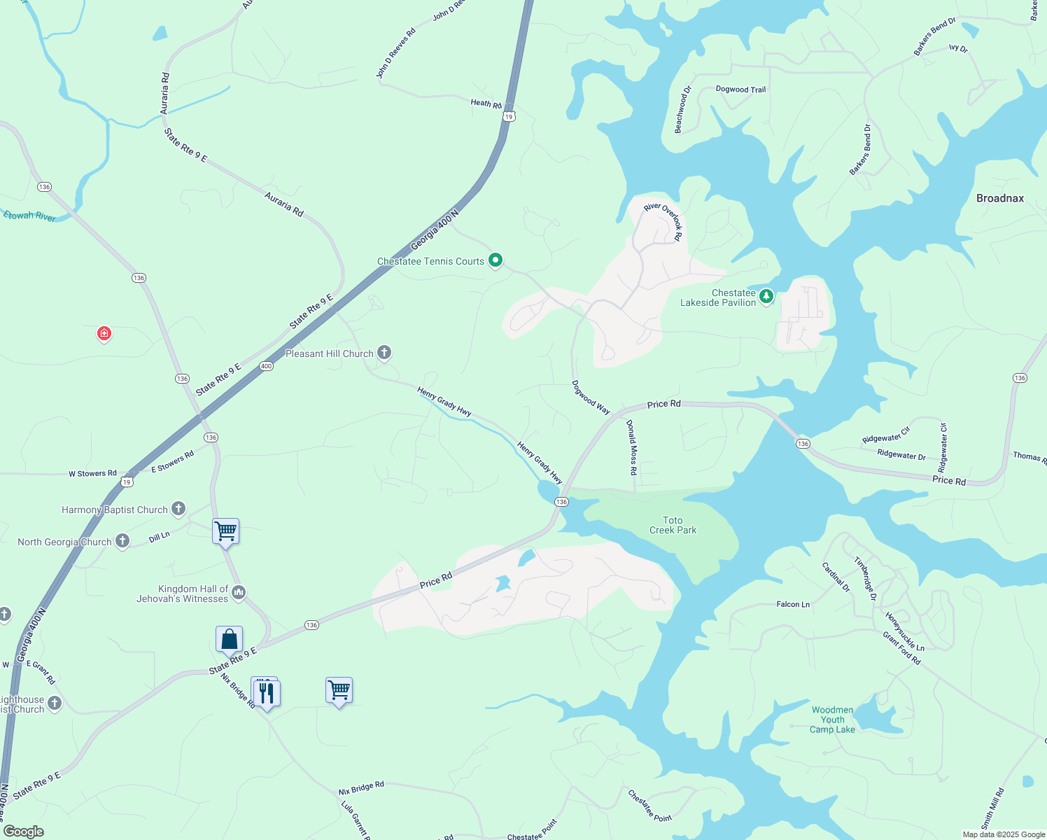 map of restaurants, bars, coffee shops, grocery stores, and more near 587 Henry Grady Highway in Dawsonville