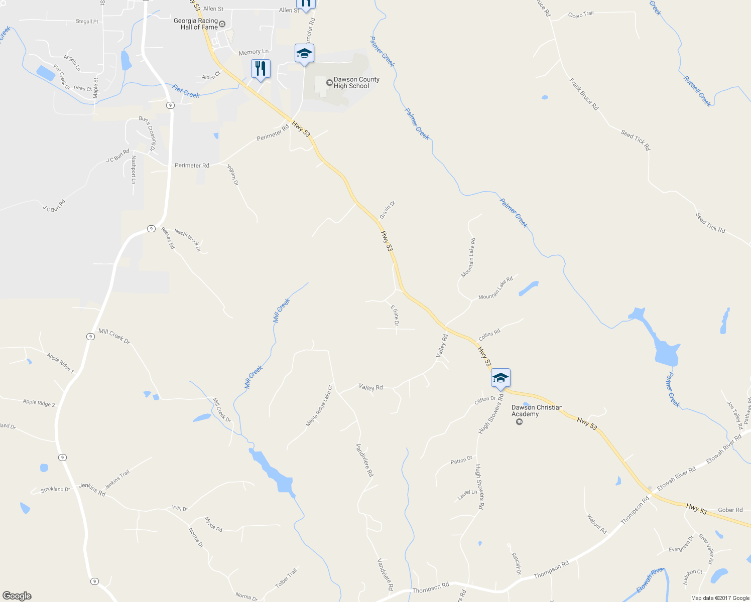 map of restaurants, bars, coffee shops, grocery stores, and more near 250 Buddy Burt Road in Dawsonville