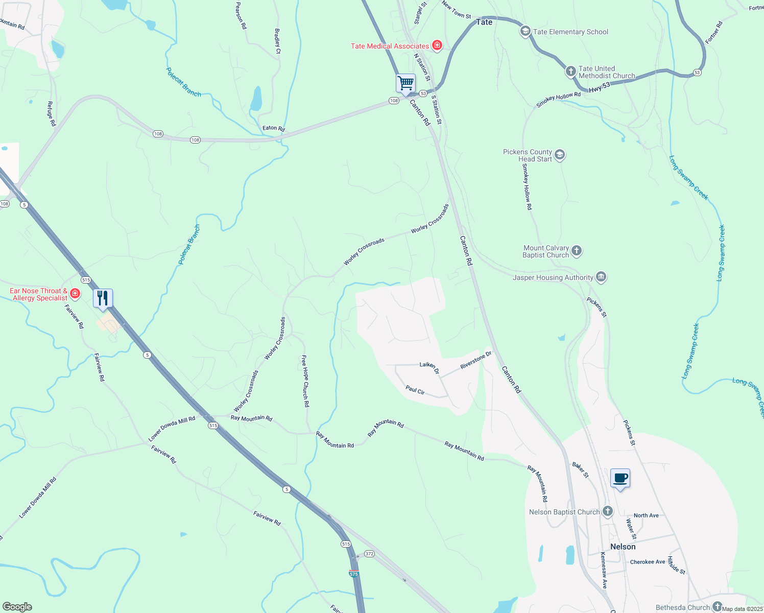 map of restaurants, bars, coffee shops, grocery stores, and more near 290 Timberline Drive in Jasper